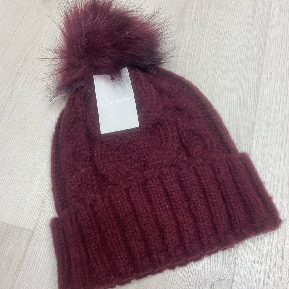 West Loop Burgundy Knit Hat with Pom